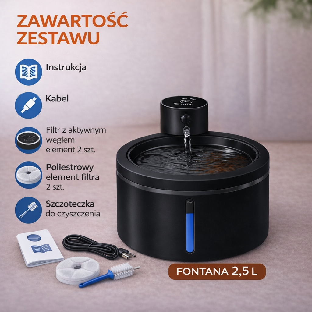Inteligentna fontanna dla zwierząt 2.5 l z czujnikiem ruchu czarna
