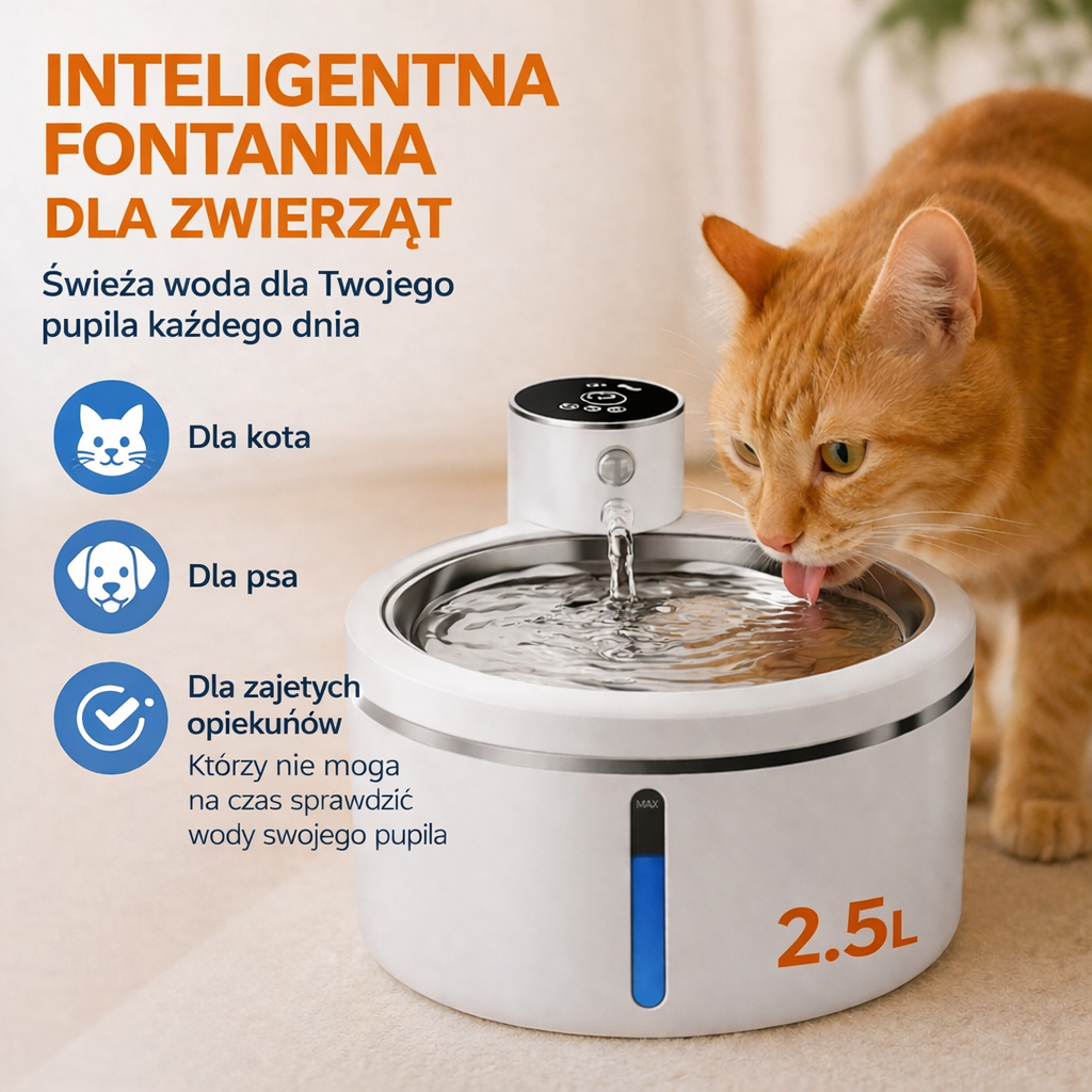 Inteligentna fontanna dla zwierząt 2.5L z czujnikiem ruchu