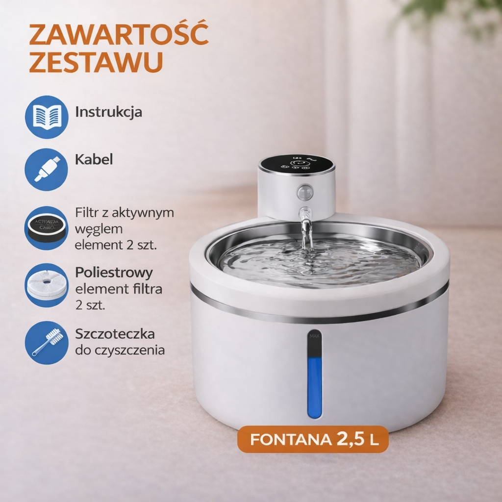 Inteligentna fontanna dla zwierząt 2.5L z czujnikiem ruchu