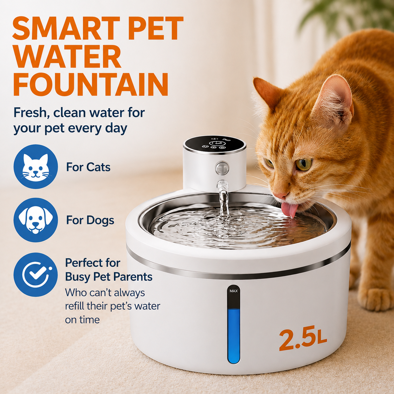 Smart Wireless Pet Water Fountain 2.5L