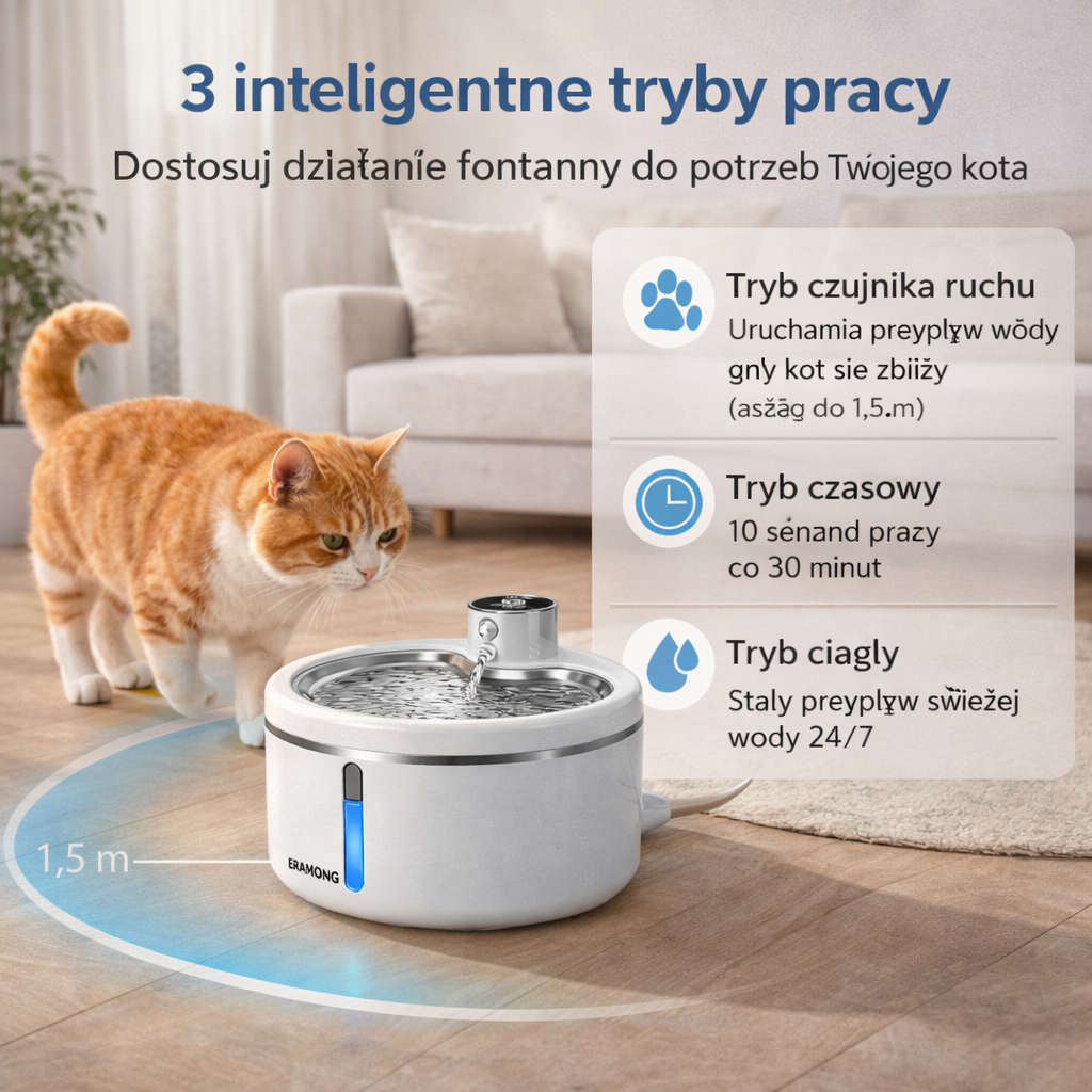 Inteligentna fontanna dla zwierząt 2.5L z czujnikiem ruchu